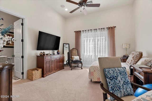 bedroom featuring recessed lighting, light colored carpet, and ceiling fan