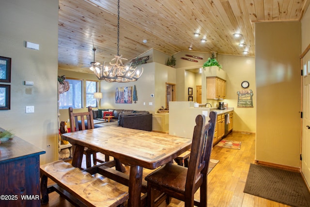 dining area with wood ceiling, light wood-type flooring, baseboards, lofted ceiling, and an inviting chandelier