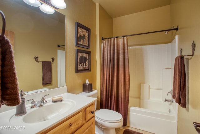 bathroom featuring vanity, tile patterned floors, shower / bath combination with curtain, and toilet