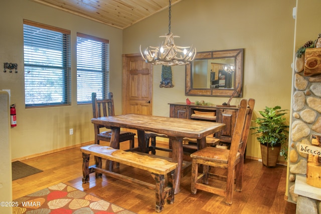 dining room with wood ceiling, a notable chandelier, wood finished floors, baseboards, and lofted ceiling
