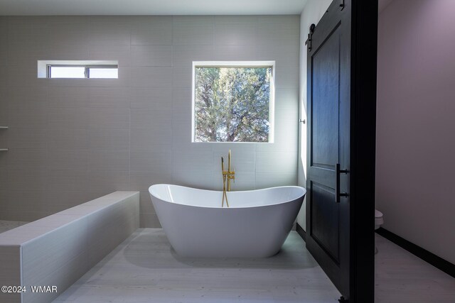 bathroom featuring toilet, a freestanding tub, and plenty of natural light