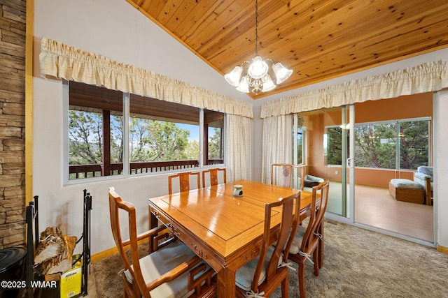 dining space with carpet, lofted ceiling, a chandelier, and wood ceiling