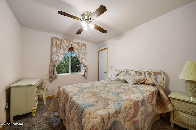 bedroom featuring a ceiling fan, carpet floors, baseboards, and visible vents