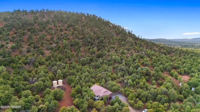 aerial view featuring a wooded view