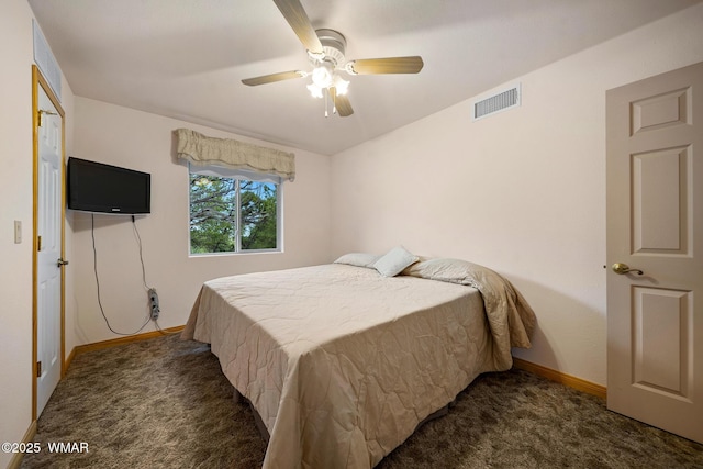 bedroom with carpet, visible vents, baseboards, and a ceiling fan