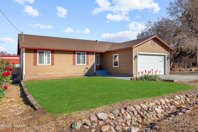 ranch-style home with a garage, crawl space, driveway, and a front lawn