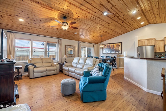 living area featuring lofted ceiling, baseboards, wood ceiling, and light wood-style floors