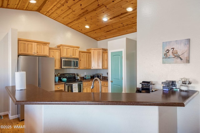 kitchen featuring a peninsula, a sink, wood ceiling, appliances with stainless steel finishes, and dark countertops