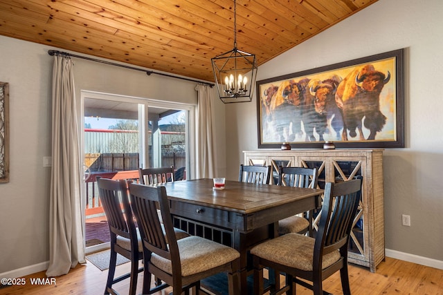 dining area with lofted ceiling, wood ceiling, a notable chandelier, and light wood finished floors