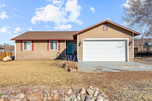 single story home featuring driveway, crawl space, an attached garage, fence, and a front lawn