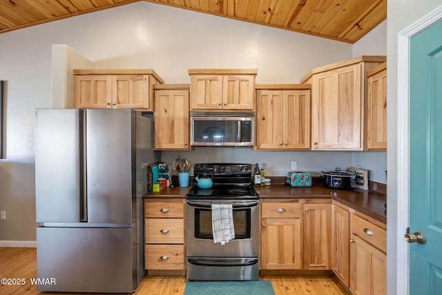 kitchen featuring appliances with stainless steel finishes, dark countertops, wood ceiling, and vaulted ceiling