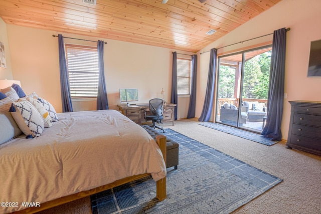 carpeted bedroom featuring lofted ceiling, access to outside, wooden ceiling, and visible vents