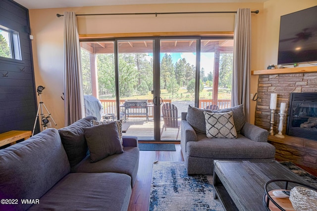 living room with a fireplace and wood finished floors