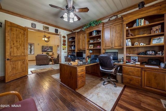 2320 Chandelle Ln, Overgaard, AZ 85933 - office area with a ceiling fan, ornamental molding, built in desk, and dark wood-type flooring