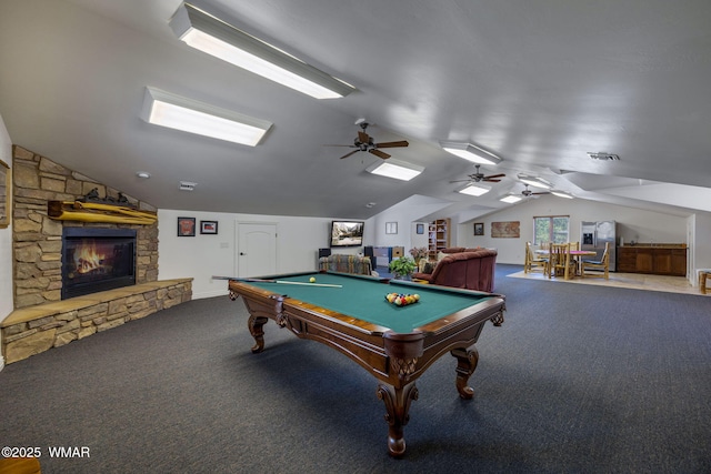 2320 Chandelle Ln, Overgaard, AZ 85933 - rec room featuring vaulted ceiling, carpet, a stone fireplace, pool table, and ceiling fan