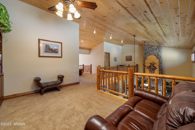 2320 Chandelle Ln, Overgaard, AZ 85933 - living room with carpet, wooden ceiling, vaulted ceiling, and a ceiling fan
