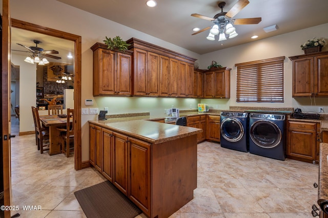 2320 Chandelle Ln, Overgaard, AZ 85933 - laundry area with ceiling fan, independent washer and dryer, recessed lighting, cabinet space, and light tile patterned floors
