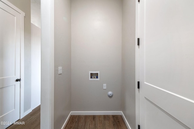 washroom featuring laundry area, dark wood-style flooring, hookup for a washing machine, and baseboards