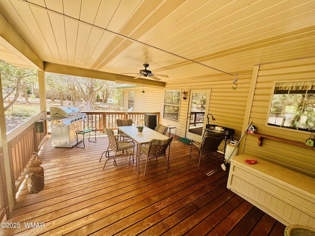 6843 Lucky Ln, Show Low, AZ 85901 - wooden terrace with outdoor dining area, grilling area, and ceiling fan