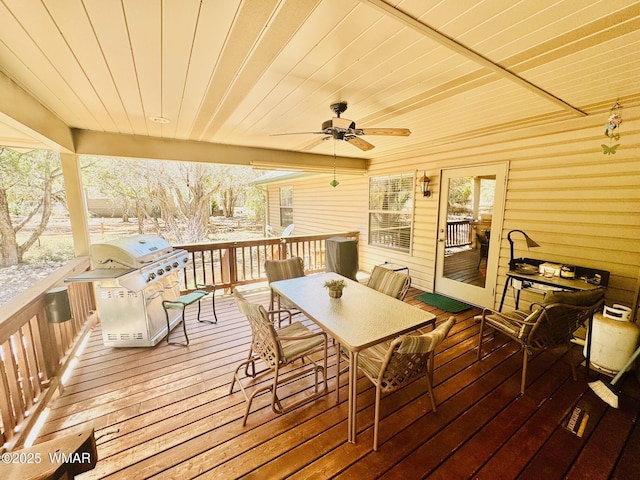 6843 Lucky Ln, Show Low, AZ 85901 - wooden deck with a grill, ceiling fan, and outdoor dining space