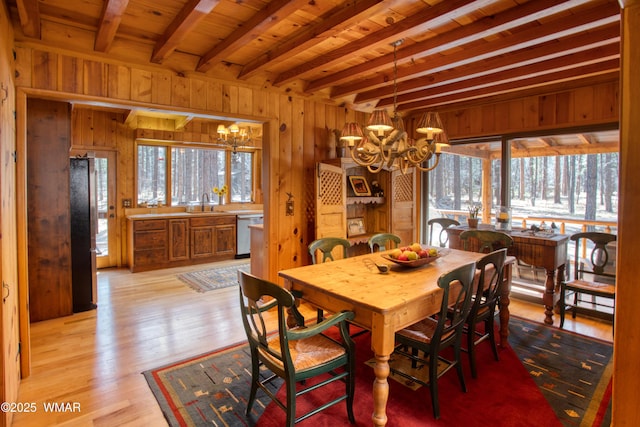 dining space featuring beam ceiling, wooden walls, a healthy amount of sunlight, and a notable chandelier