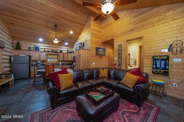 living room with high vaulted ceiling, ceiling fan, and wood ceiling