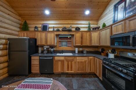 kitchen with vaulted ceiling, log walls, wooden ceiling, and black appliances