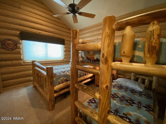carpeted bedroom with rustic walls