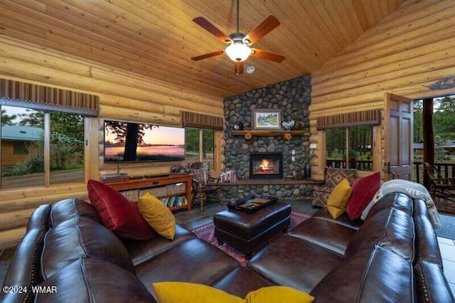 living area featuring wooden ceiling, a fireplace, log walls, high vaulted ceiling, and ceiling fan