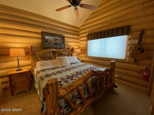 bedroom featuring rustic walls, lofted ceiling, and light carpet