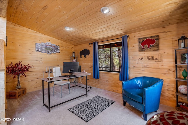 2796 Chandelle Ln, Overgaard, AZ 85933 - carpeted home office with lofted ceiling, wood walls, wooden ceiling, and recessed lighting
