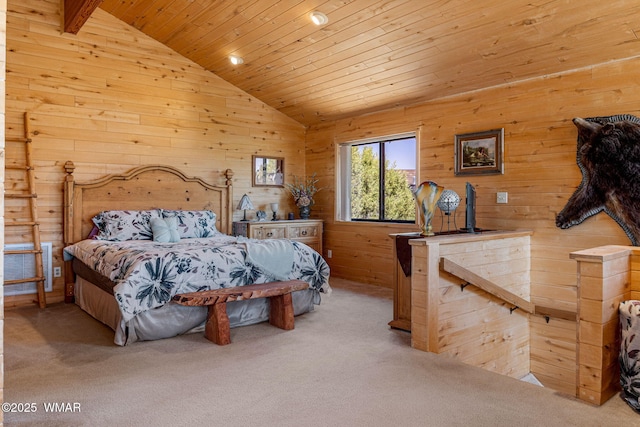 2796 Chandelle Ln, Overgaard, AZ 85933 - carpeted bedroom with wood ceiling, wood walls, high vaulted ceiling, and recessed lighting