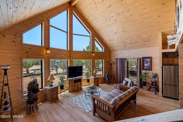 2796 Chandelle Ln, Overgaard, AZ 85933 - living area with high vaulted ceiling, wooden walls, light wood-style floors, and wood ceiling