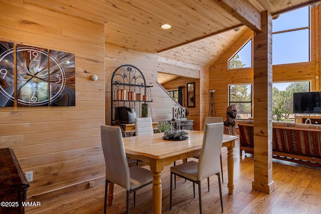 2796 Chandelle Ln, Overgaard, AZ 85933 - dining space with a wood ceiling with exposed beams, wood walls, wood finished floors, and high vaulted ceiling