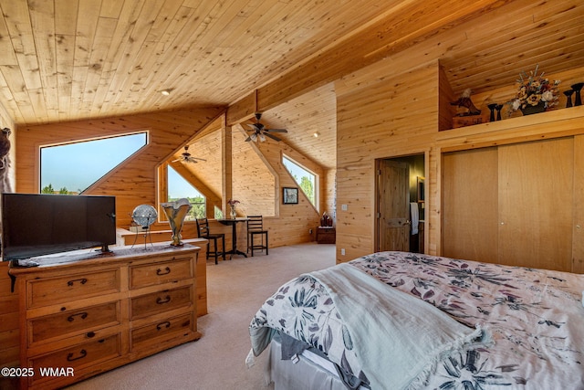 2796 Chandelle Ln, Overgaard, AZ 85933 - bedroom featuring wood walls, lofted ceiling, wooden ceiling, and carpet floors