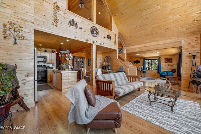 2796 Chandelle Ln, Overgaard, AZ 85933 - living area featuring wood walls, high vaulted ceiling, wooden ceiling, light wood finished floors, and stairs