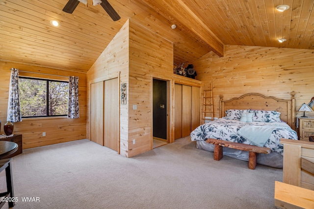 2796 Chandelle Ln, Overgaard, AZ 85933 - carpeted bedroom with wooden walls, wooden ceiling, multiple closets, and a ceiling fan