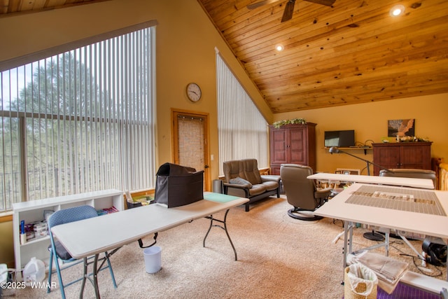 office area with light carpet, wooden ceiling, ceiling fan, vaulted ceiling, and recessed lighting