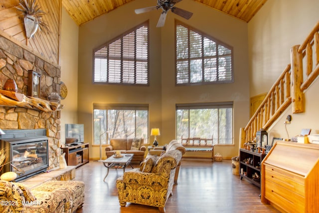 living area with wooden ceiling, plenty of natural light, and wood finished floors