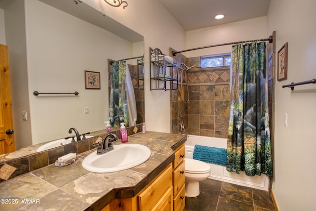 full bath with toilet, shower / tub combo, vanity, and recessed lighting