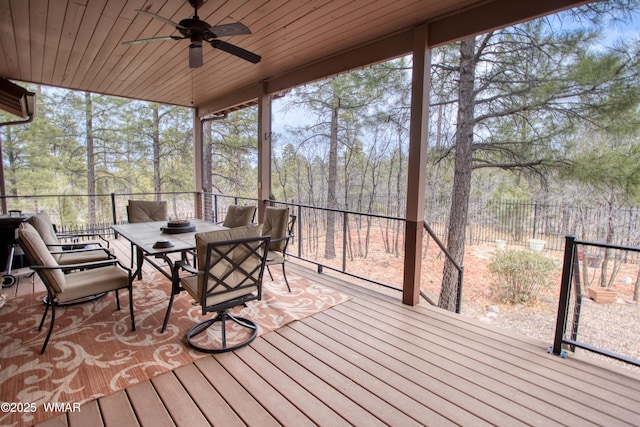 sunroom / solarium featuring ceiling fan and wood ceiling