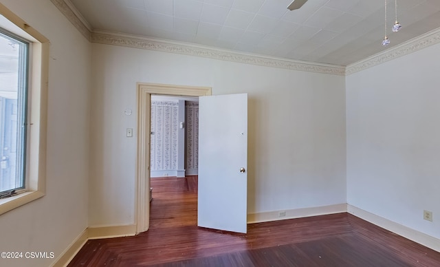 unfurnished room with ornamental molding, a wealth of natural light, and dark hardwood / wood-style floors