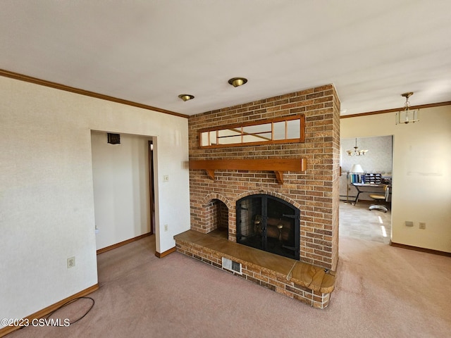 unfurnished living room with a brick fireplace, brick wall, light carpet, and crown molding