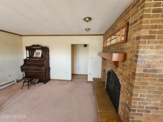 living room with ornamental molding, a fireplace, dark carpet, and baseboard heating