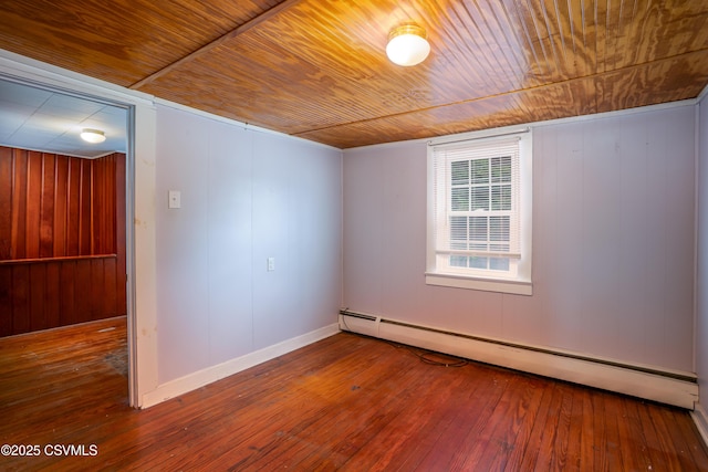 1243 Upper Mulberry St, Danville, PA 17821 - spare room with a baseboard radiator, wooden ceiling, hardwood / wood-style flooring, wood walls, and baseboards