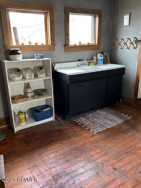 bathroom with a wealth of natural light, vanity, and wood-type flooring