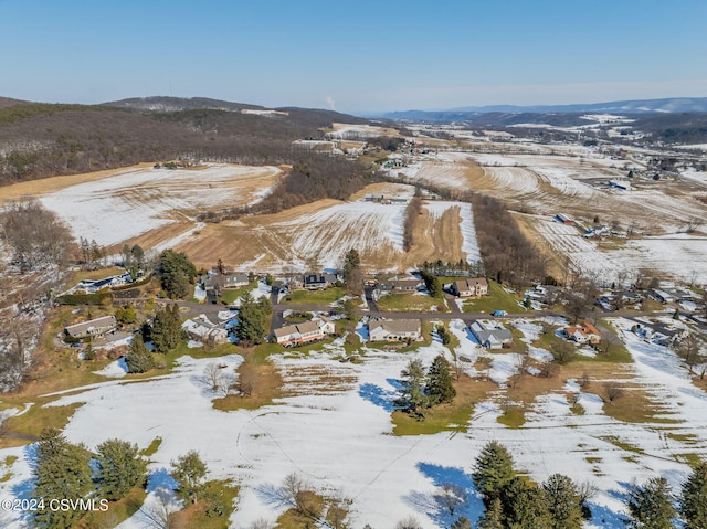 snowy aerial view featuring a mountain view