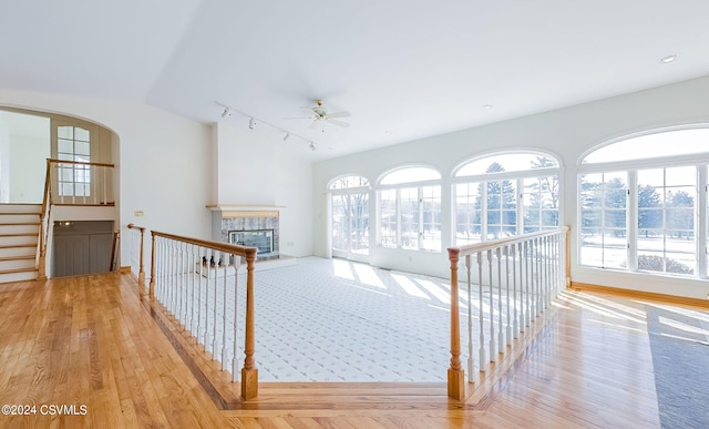 hall with light hardwood / wood-style flooring, track lighting, and a healthy amount of sunlight