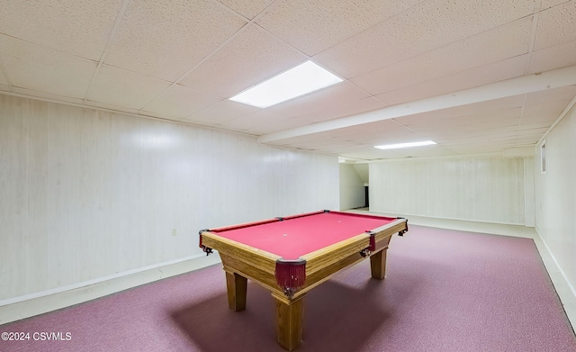 rec room with pool table, a paneled ceiling, and carpet flooring