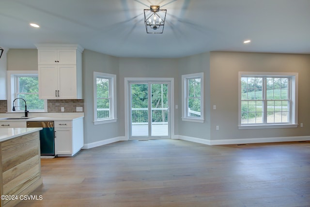 kitchen featuring light wood-type flooring, a healthy amount of sunlight, decorative backsplash, and dishwasher